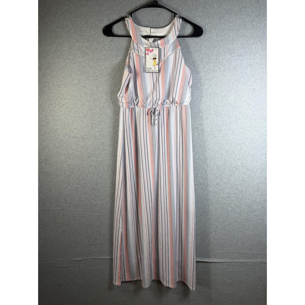 Three Pink Hearts Dress Juniors XL Blue Coral Stripe Knit Halter Maxi Sundress